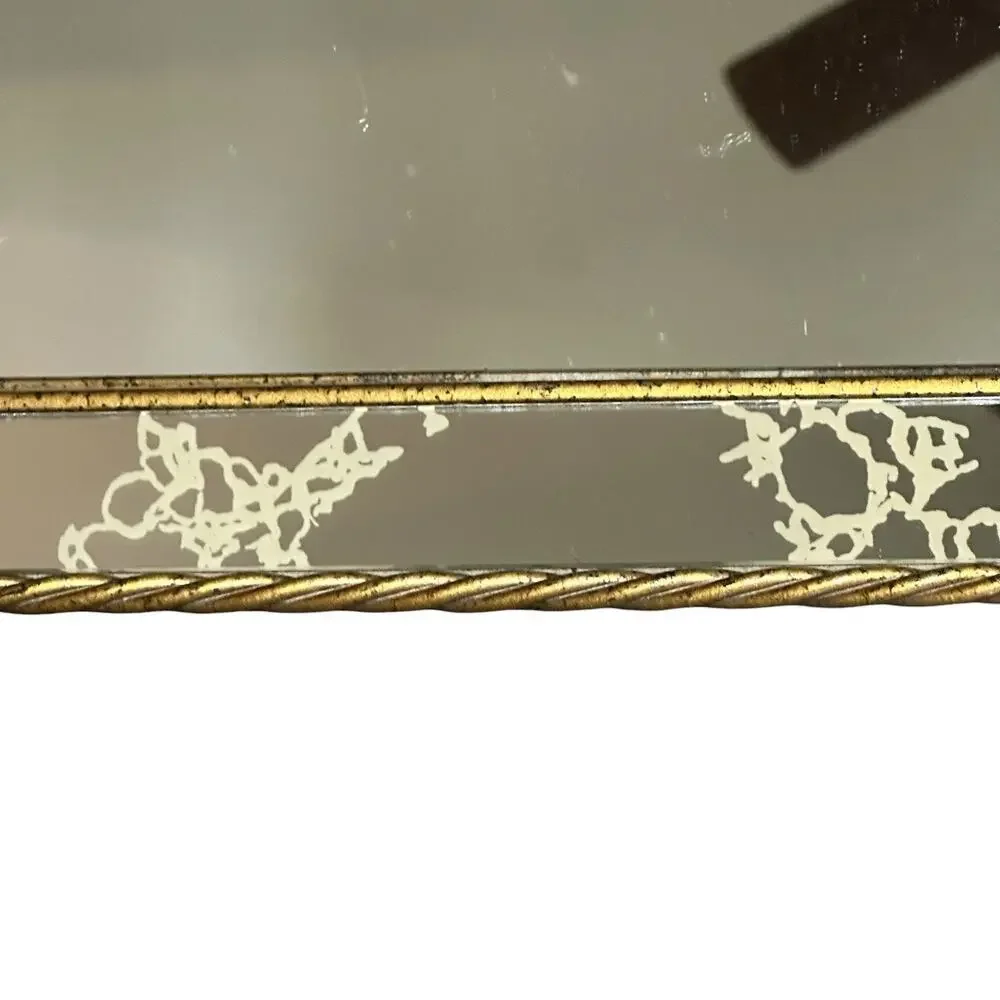 Homco Gold Tone Twisted Metal Frame Mirror Hanging or Table Top Vanity Tray Vtg